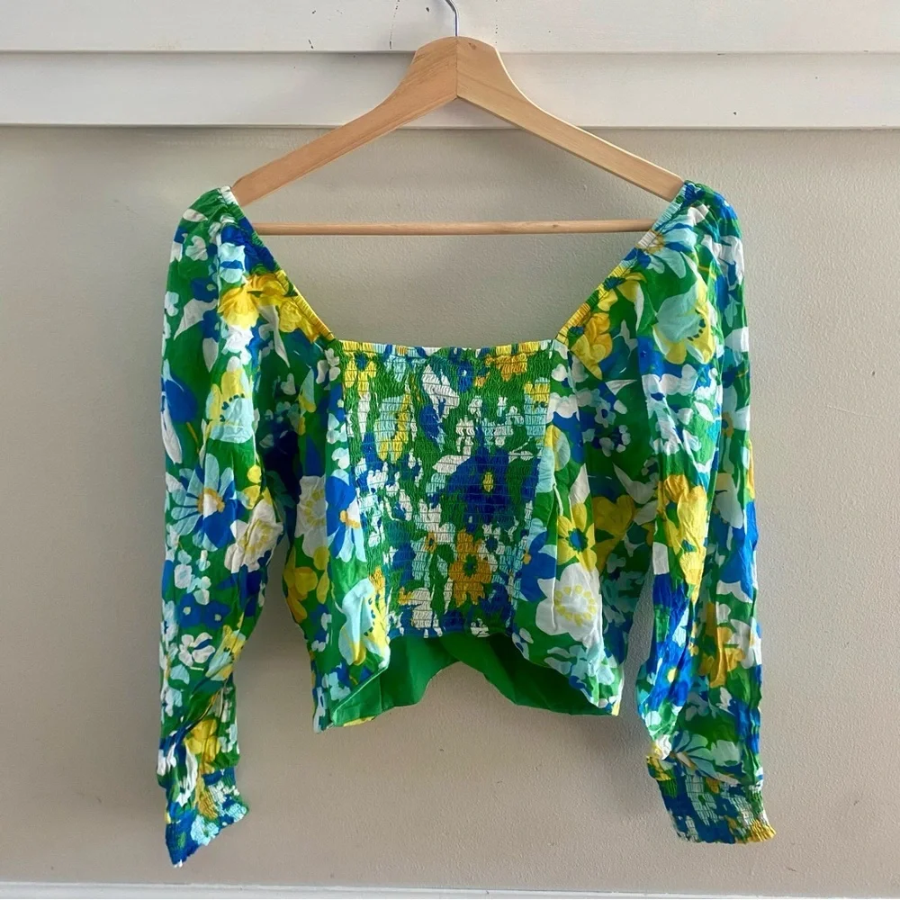 Walter Baker Green Disco Floral Kimora Crop Top Off Shoulder Smocked Size Medium - Picture 5 of 5